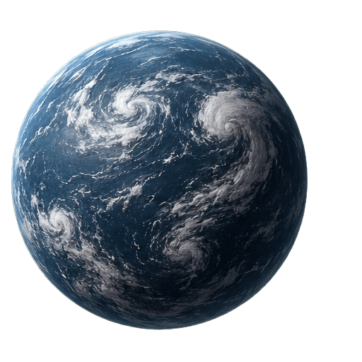 Dark ocean world covered by multiple storm systems